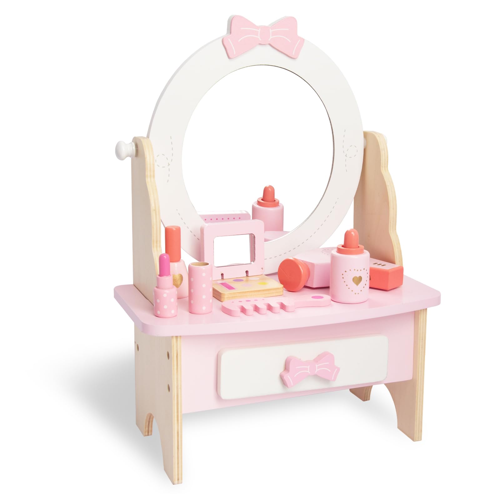 Photo 1 of WOODENFUN Wooden Vanity Set for Kids, Pretend Play Toddler Makeup Vanity Table Toys with 360° Rotatable Mirror, Beauty Salon Set Includes Makeup Accessories, Little Girls Gift Age 3+ (White)