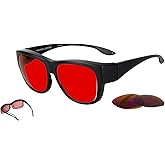 BRADDELL Red Blue Light Blocking Fit-over Glasses with FL-60 Interchangeable Lenses for Sleep, Migraine Light Sensitivity, Photophobia and Fluorescent Screen Glare (Large)