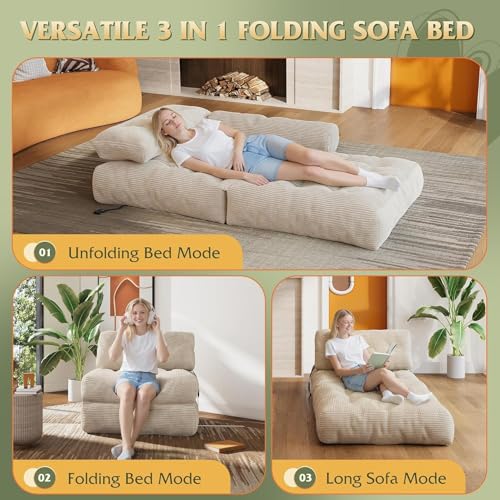 190 * 85 * 20Cm Folding Sofa Bed, Portable Fold Out Floor Couch Lounge, Convertible Sleeper Chair with Pillow for Living Room Bedroom, Beige