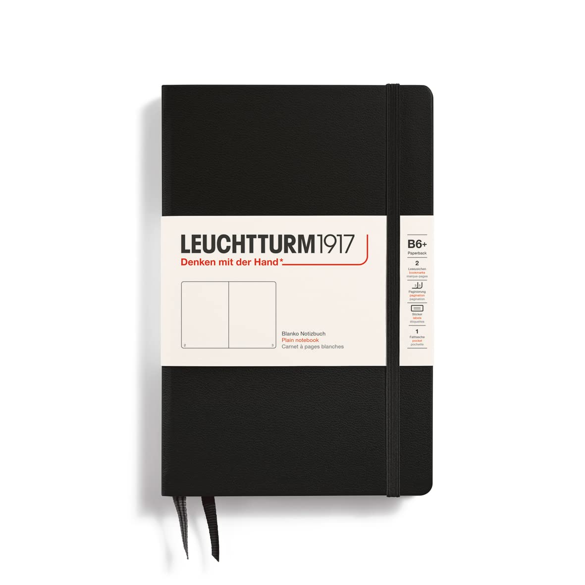 LEUCHTTURM1917 368514 Notebook Paperback (B6+), Hardcover, 219 Numbered Pages, Black, Plain
