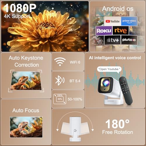 Mini Projector 4K, WiFi & Bluetooth 5.4, Auto Focus/Keystone, 1080P Native | Built in Apps, Short Throw, Portable Smart Projecteur for Outdoor Movies/Bedroom/Home/Gaming (2026 Upgrade)