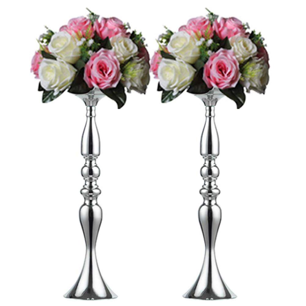 Nuptio 2 Pcs Versatile Metal Flower Arrangement, Candle Holder Stand Set Candlelabra for Wedding Party Dinner Centerpiece Event Road Lead Restaurant Hotel Decoration (Silver, 19.7" H)
