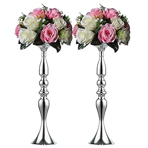 Nuptio 2 Pcs Versatile Metal Flower Arrangement, Candle Holder Stand Set Candlelabra for Wedding Party Dinner Centerpiece Event Road Lead Restaurant Hotel Decoration (Silver, 19.7" H)