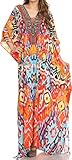 Sakkas SS1625 KF60025BT - LongKaftan Georgettina Ligthweight Printed Long Caftan Dress / Cover Up - Sunset Orange / Multi - OS