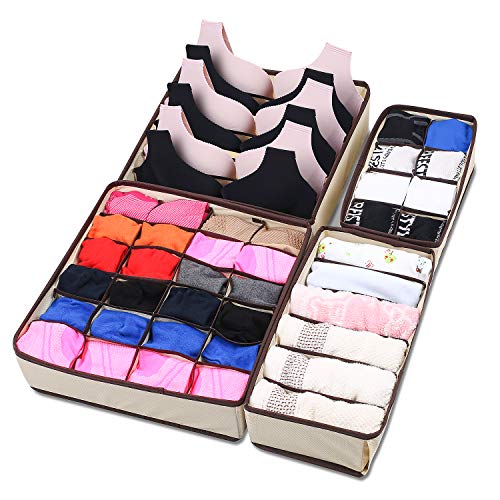 Awekris Foldable Closet Drawer Organizer, Set of 4 Drawer Divider Storage Boxes, Underwear Storage Boxes for Storing Socks, Bra, Handkerchiefs, Ties, Belts
