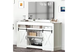 RoyalCraft Farmhouse TV Stand with Sliding Barn Door for TVs up to 65+ Inch, 34" Tall Entertainment Center, Wood Media Console Storage Cabinet for Bedroom, Living Room, White