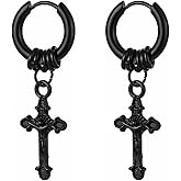 MALOYANVE Titanium Steel Cross Hoop Earrings Punk Cool Minimalist Cross Dangling Hanging Dangle Drop Huggie Hinged Hoop Cross Earrings for Men Women Gothic Jewelry (Black)