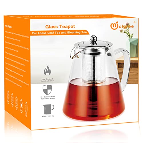 Molgree Glass Teapot with Removable Infuser, 43oz / 1300 ml Stovetop
