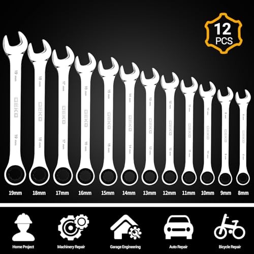 DEKOPRO 12 Piece Ratchet Wrench Set, Metric Combination Wrenches 8-19mm, Chrome Vanadium Steel Wrenches, Ratchet Wrench with Bag, Work Tools for Workshop and DIY