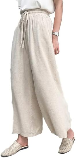 Amazon レディース ワイドパンツ コットンパンツ リネン 9分丈 Ol カジュアル カレッジ 体型カバー 脚長効果 セレブファッション M ロングパンツ 通販
