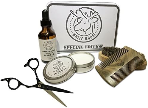 Beard Grooming Kit for Men, DELUXE Gift Set - 100% Boar Bristle Beard Brush, Green Sandalwood Beard Comb, Professional Trimming Scissors, Unscented Beard Oil & Beard Balm, Stylish Gift Tin Box