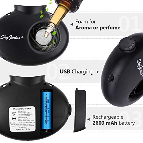 SkyGenius Battery Operated Necklace Fan, Mini Portable USB Rechargeable Fan for Personal Cooling, Kids, Gift, Camping, Outdoor Event, Travel, Concerts, Church, Hot Flash (New Version, Black) - Thumbnail 2