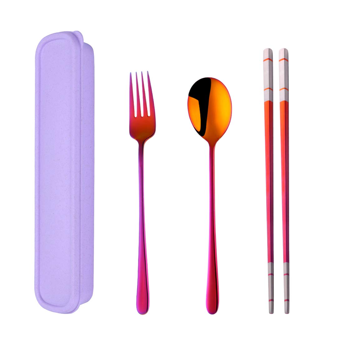 SBOMHS Stainless Steel Portable Travel 3-Piece Cutlery Set with Case Fork Spoon Chopsticks for 1 Camping Flatware for School Picnic Utensils Brown Red