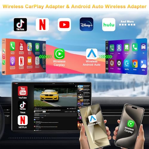4-in-1 Wireless CarPlay Adapter Support Netflix/YouTube/TF Card, Android Auto & Carplay Adapter with USB-A and USB-C Cables,Convert Wired to Wireless Apple Dongle, Video Box Car Play for iOS 10+