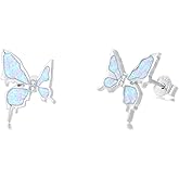 MOTIEL 925 Sterling Silver Opal Stud Earrings Opal with Genuine Diamond Butterfly Shape Stud Earrings Anniversary Birthday Gift for Women