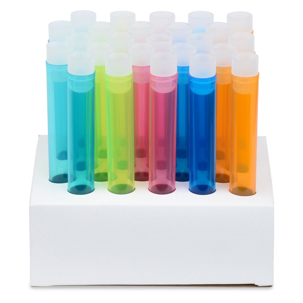 16x125mm Assorted PP Plastic Test Tubes, Flange Caps, Cardboard Rack - Pack 25, Karter Scientific 56A38
