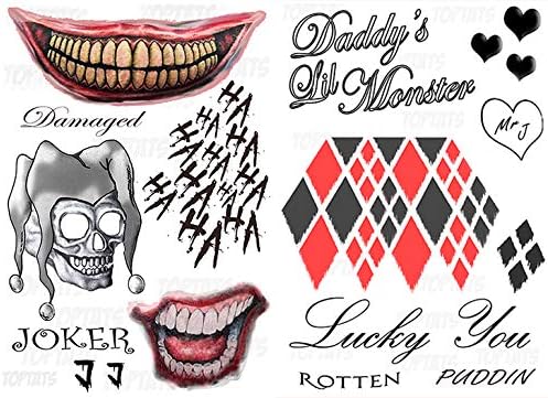 Cheap And Top Quality Top Tats Couples Fancy Dress Costume Outfit Accessories Harley Quinn Joker Suicide Squad Temporary Tattoos Damaged Skull Mouth Rotten Puddin Lucky You Cosplay Comic Con Halloween Best Quality Optiumgrupp Ee