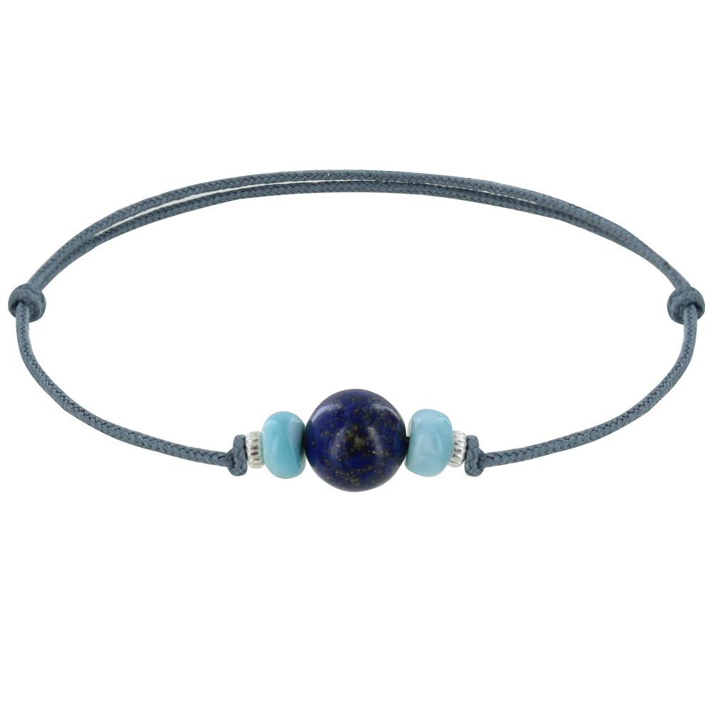 LES POULETTES BIJOUX - Bracelet Link Lapis Lazuli Bead Two Larimar Ring and 925 Silver - Grey