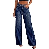 HTD Women's Wide Leg Jeans Casual Baggy Denim Pants with Frayed Raw Hem