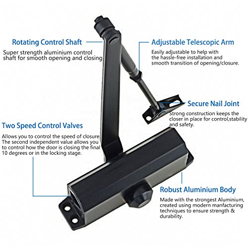 Auto Door Closer- Commercial Grade Adjustable Door Closers with Hydraulic Hinge -Great Heavy Duty Aluminum Self Closing Door for Residential/Commercial Use (Black)