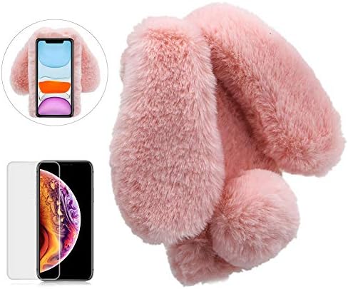 Case for iPhone 11 Pro Max 6.5 Inch,Girlyard Cute Cartoon Rabbit Ears [Plush Case] Stylish Lovely Furry Artificial Fur Bling Crystal Rhinestone Design Fluffy Warm Winter Soft Hair Plush Cover-Pink