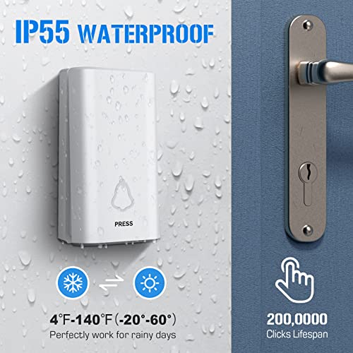 Gobikey Outdoor Wireless Doorbell, Waterproof Wireless Doorbell, 52 Melodies, 5 Volume Levels (0dB - 110dB) 150M Range, LED Indicators - No Battery Needed