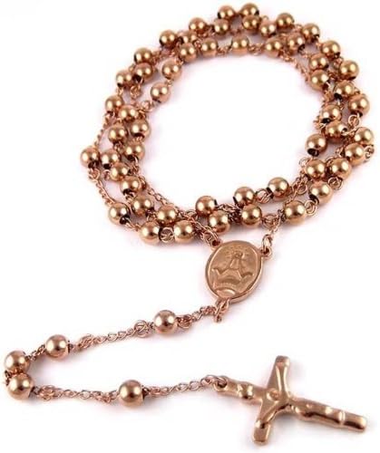 14k Rose Gold Finish Mens 8mm Rosary Chain Necklace Cross