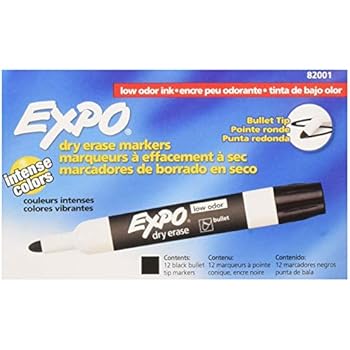 EXPO 82001 Low-Odor Bullet Black Dry Erase Markers For Use On Whiteboards, Glass and Non-porous Surfaces; Ideal for Classrooms, Offices and Homes, Pack of 12