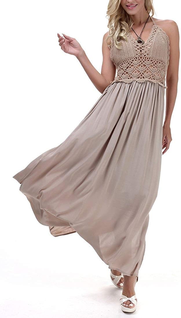 LILBETTER Women's Beach Crochet Backless Bohemian Halter Maxi Long Dress at  Women’s Clothing store