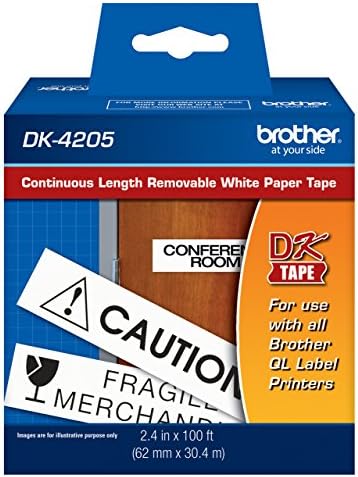 Brother DK4205 Removable Continuous White Paper Tape Labels, 100' of Continuous White Label Per Roll for Brother QL-710W, QL710W Label Printer
