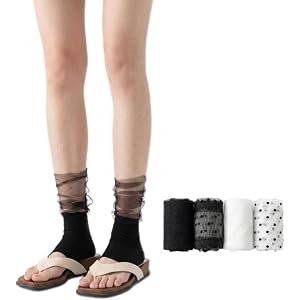 WJIAMPLS 4 Pairs Women Polka Dot Sheer Mesh Straight Tube Stirrup Leg Warmers, Breathable Casual Footless