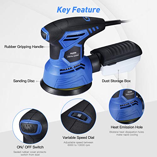 HoLife 5-Inch Random Orbit Sander, 7 Variable Speed, 2.5A/13000RPM Hook and Loop Orbital Sander, 12Pcs Sandpapers and 2 Polisher Accessories Kit, Efficient Dust Collection System for DIY -Black + Blue