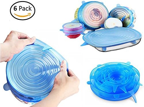 Silicone Strech Lids 6 Pack, Reusable Silicon Food Bowl Saver Covers Wrap, Expandable to Fit Various Sizes Shapes, Blue