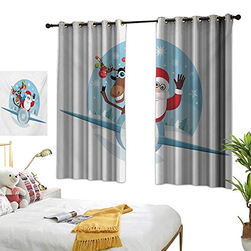 Bedroom Curtains W72 x L63 Christmas,Reindeer and Santa Delivering Gifts on a Vintage Plane Winter Noel Illustration,Multicolor Living Dining Room Curtain 2 Panels Set