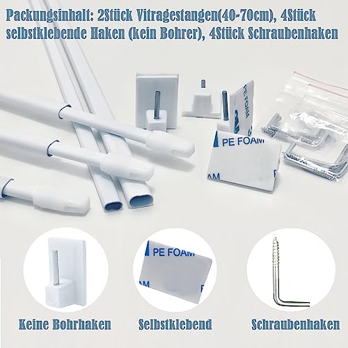 2 Pieces Glass Curtain Rods Extendable Curtain Rods Without Drilling for Shops, Cabinets, Windows, Kitchens, DIY Projects(40-70 cm, White)