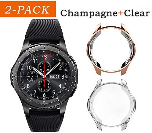 Uborui TPU Scractch-Resist Cover Protective Bumper Shell Protective Band for Samsung Gear S3 Frontier SM-R760 Case/Samsung Galaxy SM-R800 Watch Case 46mm,Clear+Champagne(2 Pack)
