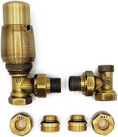 Angled Version with Copper (Cu) Connectors Elegant Antique Brass Thermostatic Lockshield Valve Radiator Set
