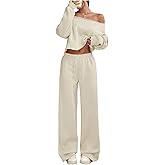 SOLY HUX Women's 2 Piece Outfits Fall Sweatsuits Off The Shoulder Crop Top Wide Leg Sweatpants Casual Matching Lounge Sets