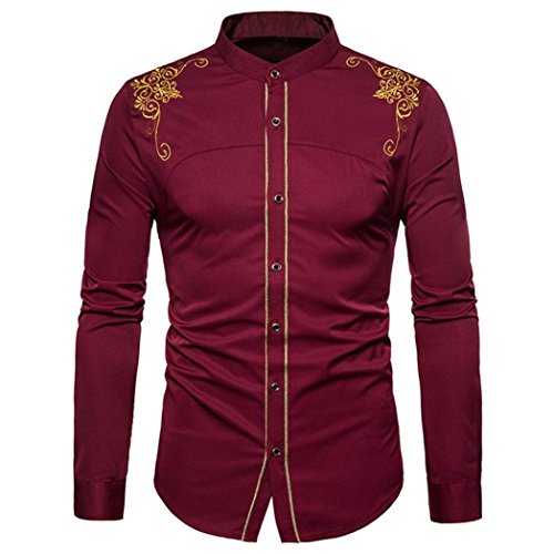Click Here to See More Images WUAI Men's Long Sleeve Hipster Active Slim Fit Shoulder Embroidery Button Down Casual Shirts (Red,US Size S = Tag M)