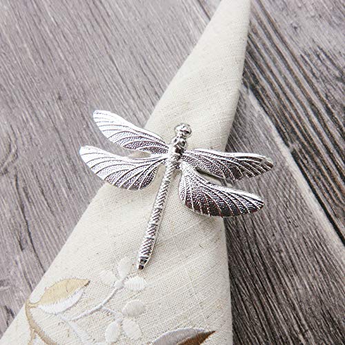 Silver Napkin Rings Set of 6 for Wedding Holiday, Metal Dragonfly Napkin Holders for Table Linens, Dining Kitchen Coffee Everyday Use Dinner Party Occasion