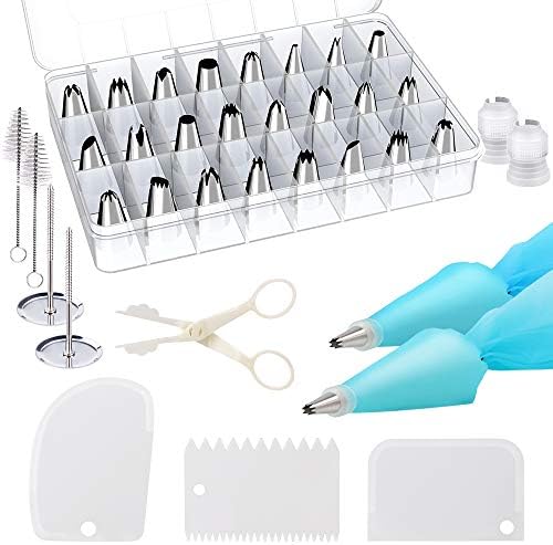 36 Pieces Cake Decorating Supplies, Axillo Cake Baking Tool Sets with 24 Icing Tips, 2 Pastry Bags, 2 Flower Nails, 2 Reusable Couplers, 2 Cleaning Brushes, 3 Icing Smoother & 1 Flower Lifter