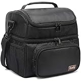 FlowFly Adult Lunch Bag Insulated 2 Roomy Compartment Thermal Lunch Box Large Reusable Double Decker Tote Cooler Bag with Detachable Shoulder Strap for Men Women kids,Black