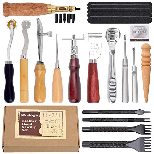 Leather Sewing Tools 18 pcs Leather Carft Tools Kit Including Awl Punch Groover Skiving Tool and Prong Punch,Home Stitching Carving Leather Working Tools