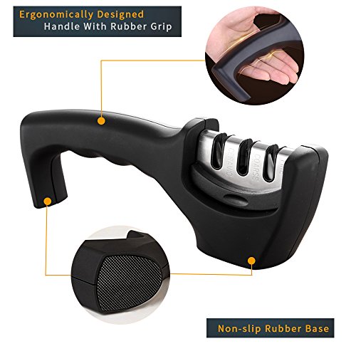 Hoimpro Kitchen Knife Sharpener - 3-Stage Diamond Knife Sharpening Tool Ceramic, Straight, Fruit, Pocket, Boning, Folding and Chef Knives (Safe and Portable), Helps Repair, Restore and Polish Blades