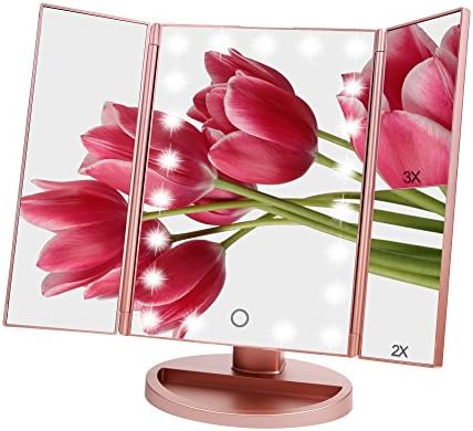 HonestEast Lighted Makeup Mirror 21 LED Touch Screen Control Vanity Mirror with 3X/2X/1X Magnification, Trifold Tabletop Mirror with 2 Power Supply Mode