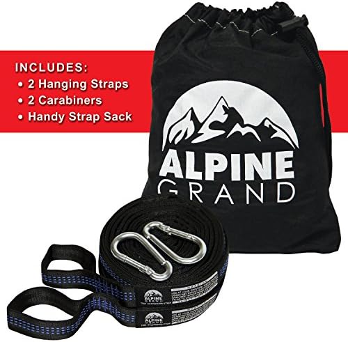 Alpine Grand Heavy Duty triple stitch Hammock Straps (Set of 2) - Hang anywhere with NO KNOTS - NO STRETCH Flat loop strap design – 2 FREE Carabiners &amp; Compact carry bag