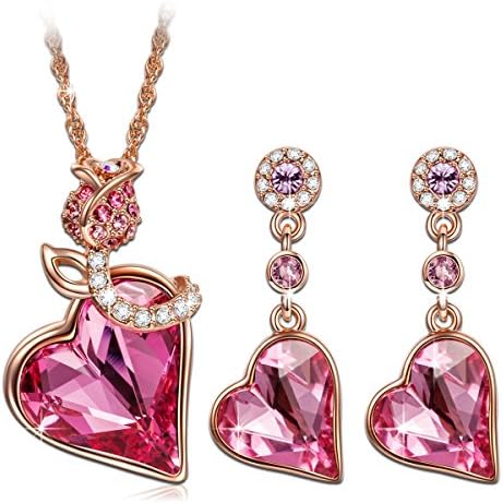 Kami Idea Rose Heart Women Jewellery Set Necklace Earrings Made Crystals from Swarovski, Comes in Jewellery Gift Box, Nickel Free Passed SGS Test