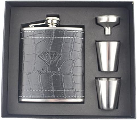 Double Y Diamond Stainless Steel Leather Hip Flask Set 7 Oz with 2 Cups 1 Funnel for Storing Whiskey/Alcohol,Gift Box