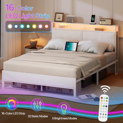 HOOBRO Full Bed Frame, Metal Platform Bed Frame with Charging Station and LED Light, Headboard with Shelves, No Box Springs Needed, White WT03UDBF01