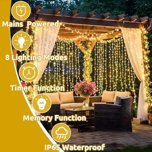 Joycome 2 x 6 x 3 m 600 LED String Light Curtain, Mains Powered, 8 Modes String Lights for Interior, Outdoor, Wall, Bedroom, Balcony, Wedding Decoration – Warm White